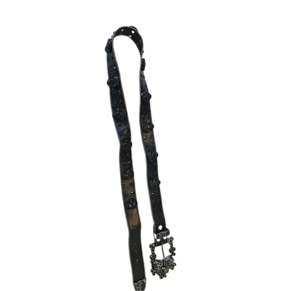 Unisex XXL Black Leather Gothic Skull Belt Ornate Buckle Rhinestone Studde